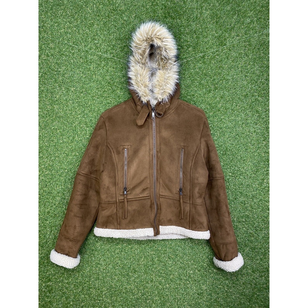 Levis Jacket Womens Medium Suede Sherpa Lined Camel Beige Goat Zip Up Hooded